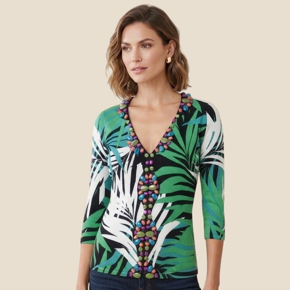 VTG 90's Berek Green White Tropical Palm Tree Beaded Deep V Cardigan Sweater New
